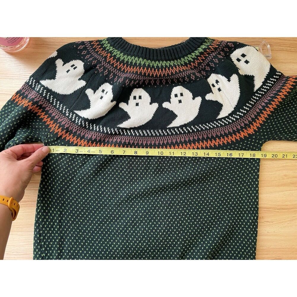 ModCloth You’ve Been Ghosted Green Ghost Fair Isle Crew Halloween Sweater Large - Picture 6 of 7